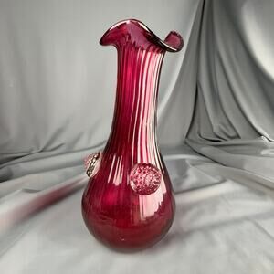 Vintage Cranberry Red Art Glass Vase Hand Blown Ribbed Prunts Murano Style 7"